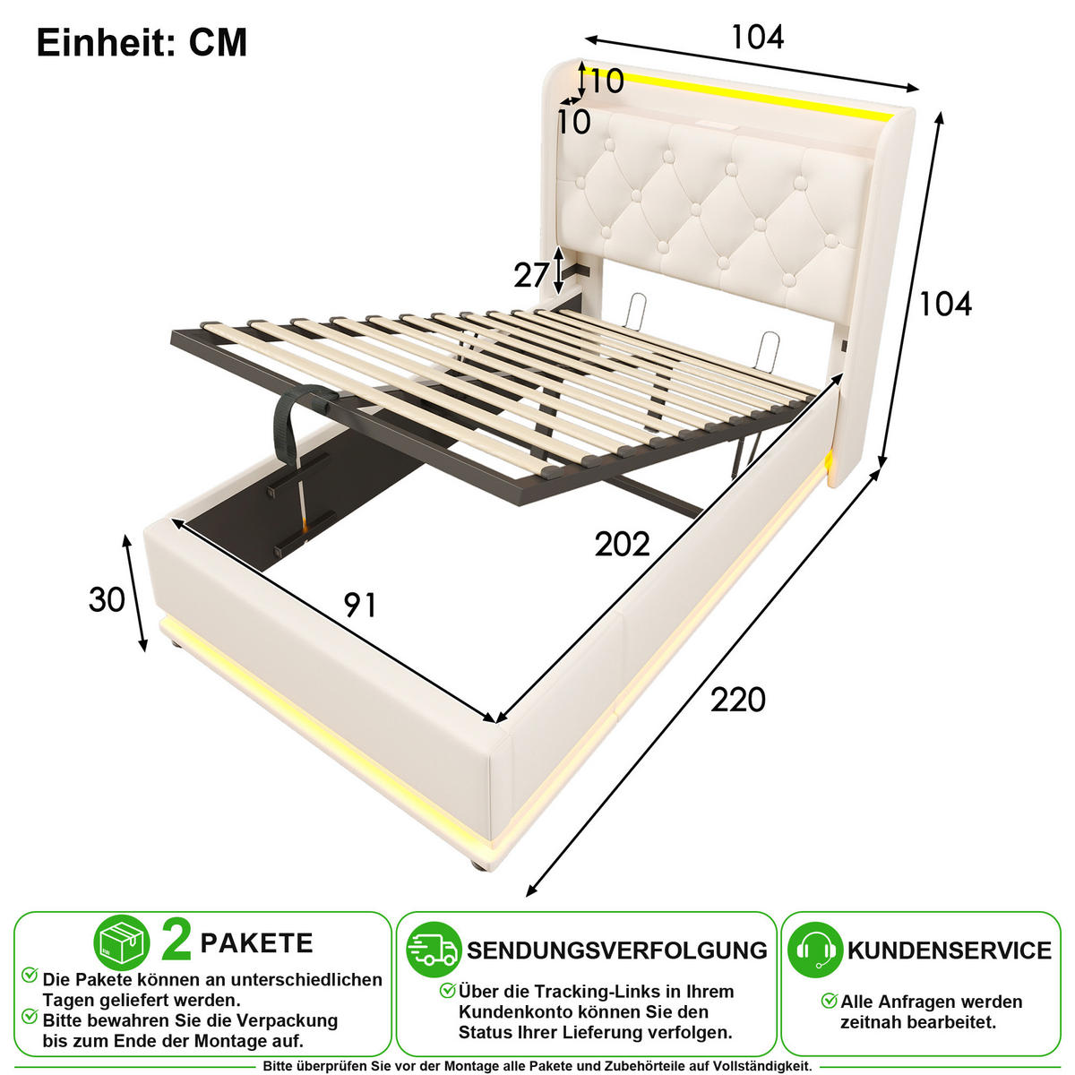 POLSTERBETT 90/200 cm in Weiß mit Bettkasten, LED, USB und Type-C PU - Weiß, Holzwerkstoff/Textil (90/200cm) - CHICFURN