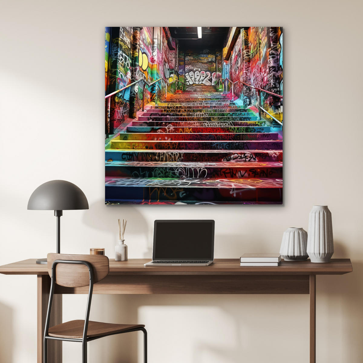 KOVOVÝ OBRAZ Schody - Graffiti - Farby - Umenie 90x90 cm - viacfarebná, kov (90/90cm) - MuchoWow