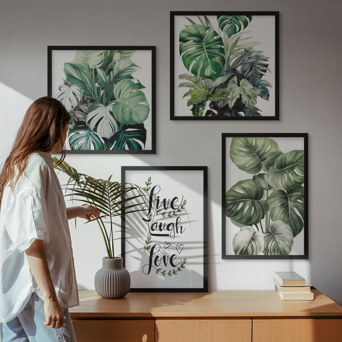 WANDBILDER 4er-Set - 50x50 cm & 40x60 cm Schwarzer Rahmen - Blattpflanzen leben, lachen, lieben - Schwarz, Kunststoff (50/50cm) - ArtPrintCave