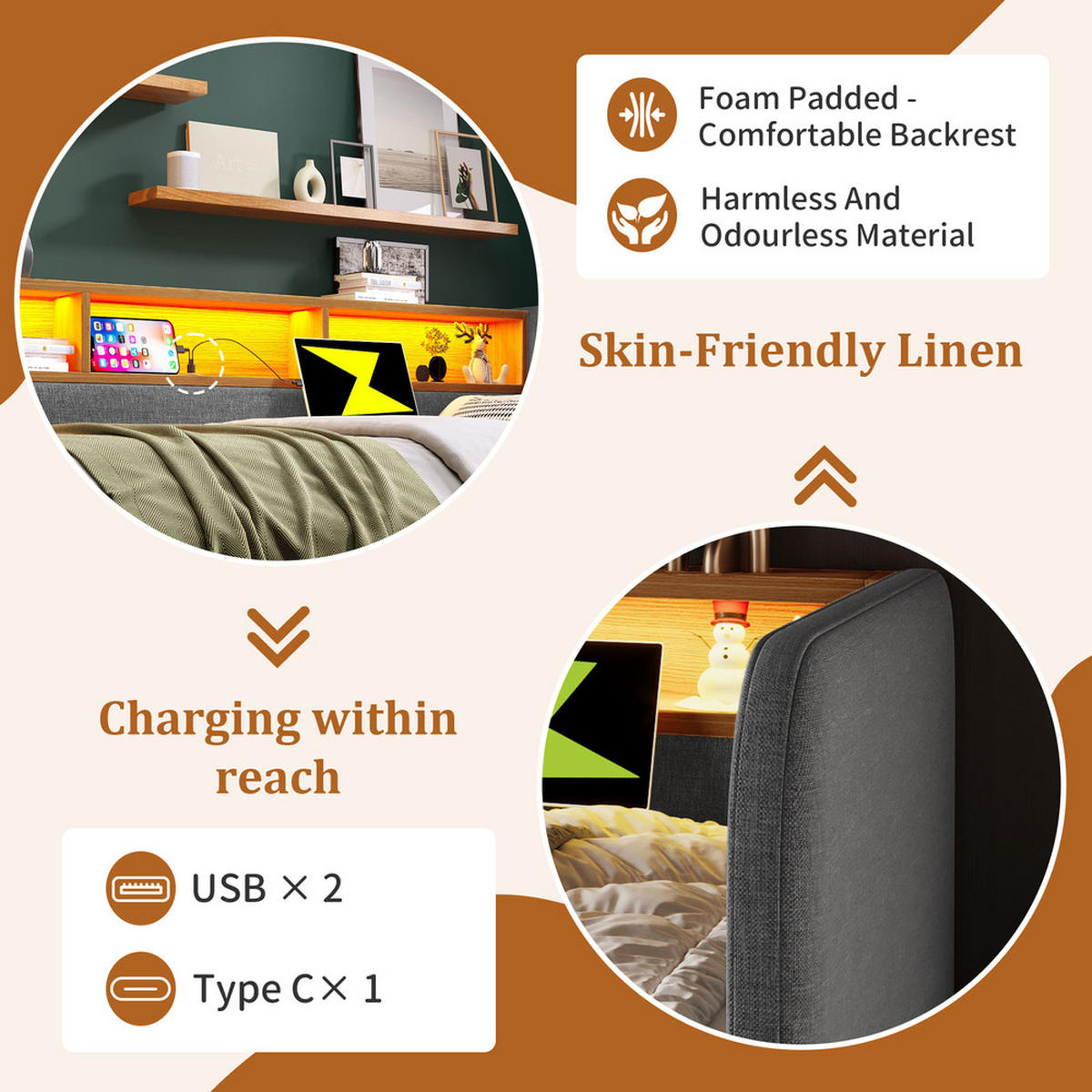 TAGESBETT 140x190cm Schlafsofa mit LED & USB-C 2 Schubladen Grau - Grau, Holz (140/190cm) - FLIEKS