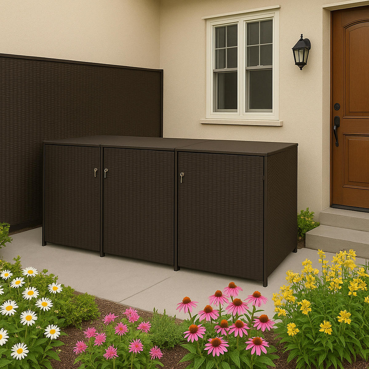 MÜLLTONNENBOX Belfast für 3 Tonnen bis 120L - Mülltonnenverkleidung aus Metall und Polyrattan mocca. BxTxH: 189x66x109 cm - Braun, Metall (189/109/66cm) - TPFGarden