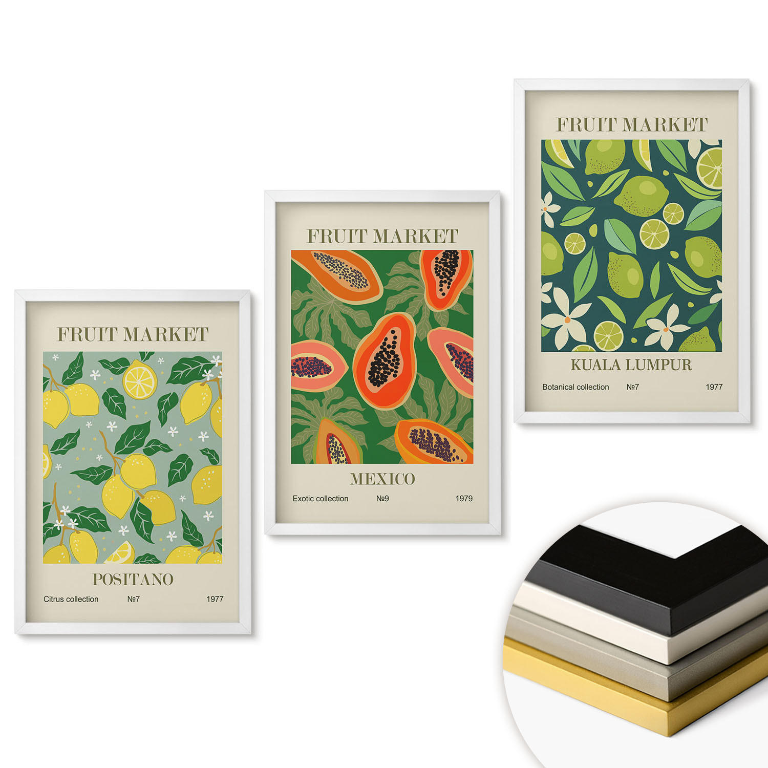 WANDBILDER 3er-Set - 40x60 cm Weißer Rahmen - Fruchtige Zitronen- und Papayamuster - Weiß, Kunststoff (40/60cm) - ArtPrintCave