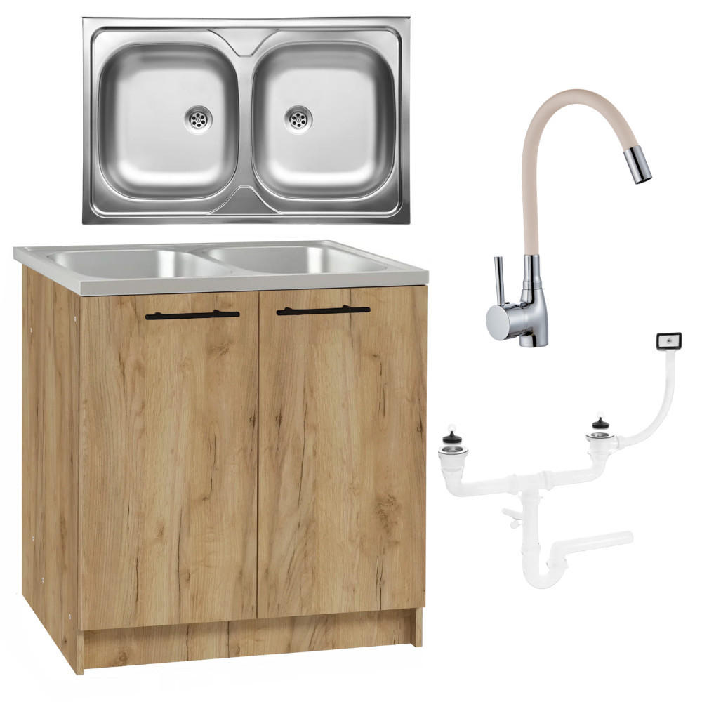 SPÜLUNTERSCHRANK 80cm mit Spüle + Armatur + Siphon Eichenfarbe - Eichefarben, Holzwerkstoff (80/82/46cm) - Stamar