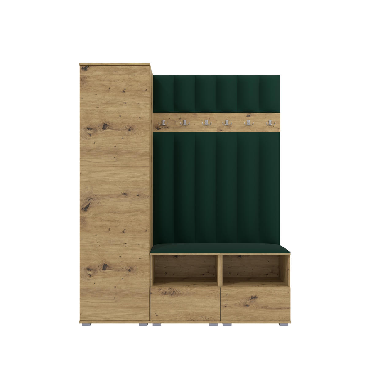 GEPOLSTERT Garderoben-Set Nela II LUX (Farbe Eiche Artisan + Stoff Trinity 28) - Dunkelgrün/Silberfarben, Holz/Holzwerkstoff (150/187/40cm) - Ravio