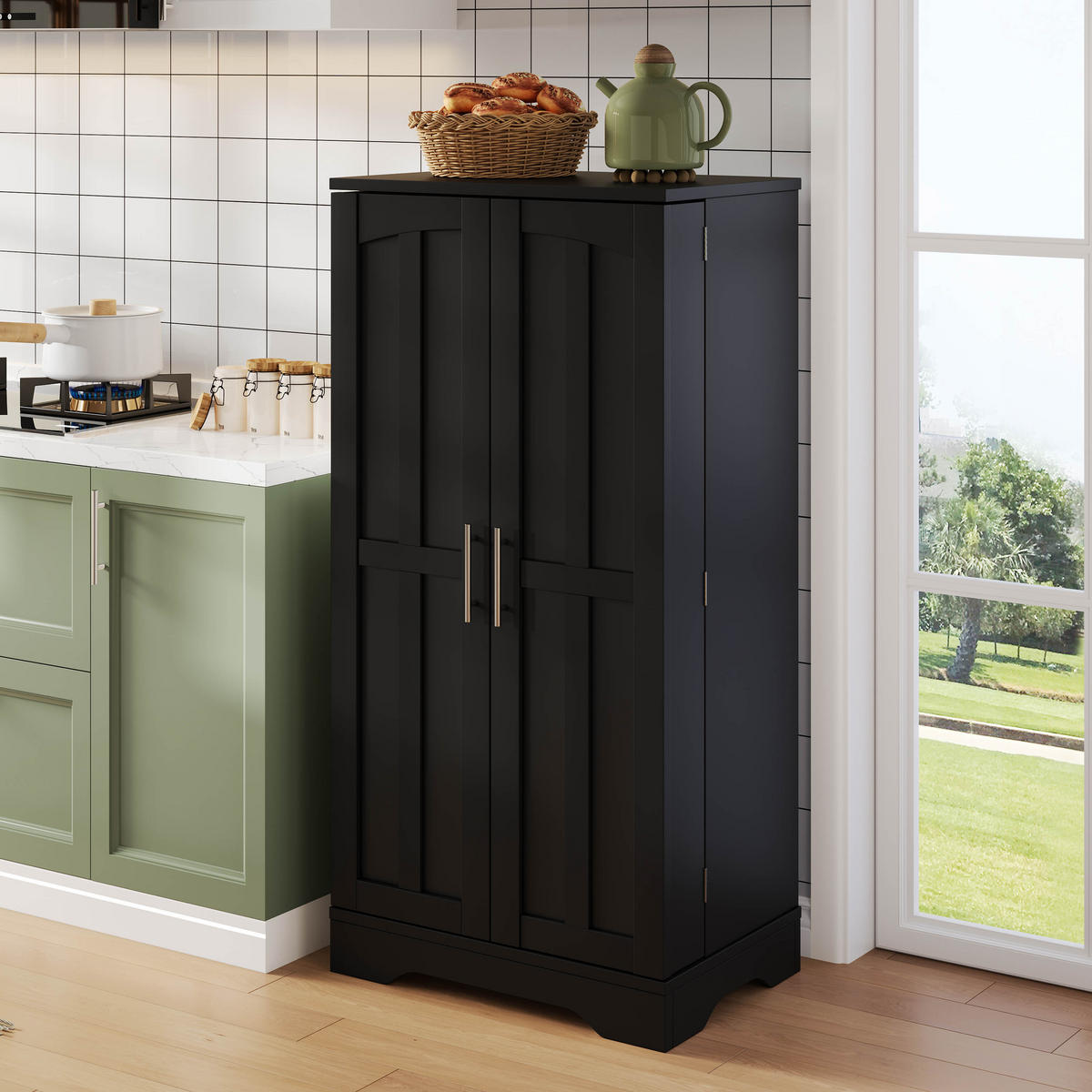 AUFBEWAHRUNGSSCHRANK 120x60x40cm Schwarz mit LED Licht & Wellentüren - Schwarz, Holzwerkstoff (40/120/60cm) - Modfu