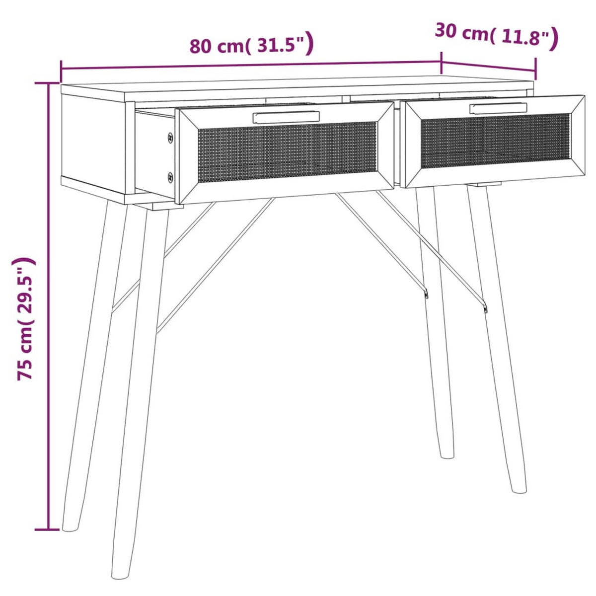 KONSOLENTISCH Weiß 80/30/75 Cm Massivholz Kiefer Natur-Rattan - Braun/Weiß, Holz (80/30/75cm) - vidaXL
