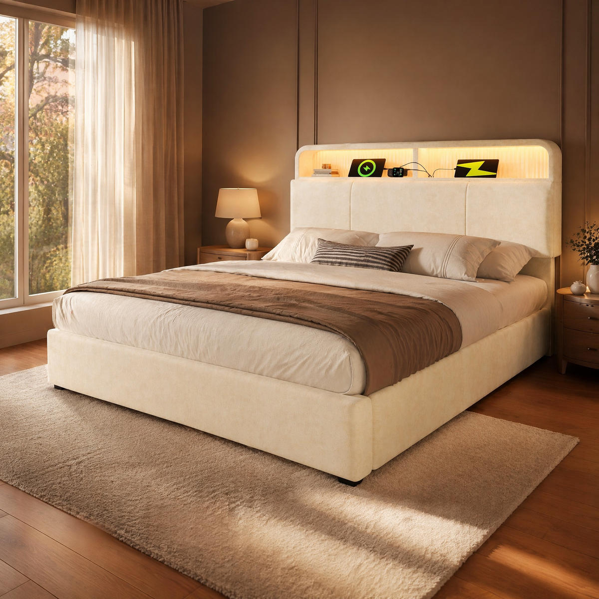 POLSTERBETT 180/200 cm in Beige mit Bettkasten, LED und USB/Type-C Samt - Beige, Holzwerkstoff/Textil (180/200cm) - STILVORA