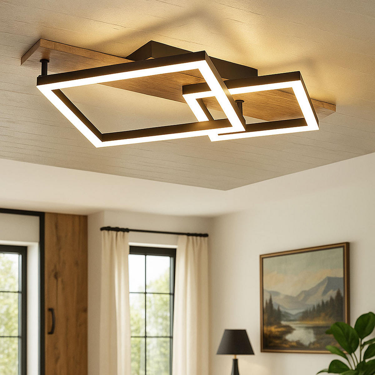 LED DECKENLEUCHTE Metall Schwarz Holzoptik - Schwarz, Metall (47/31/8.5cm) - Globo Lighting