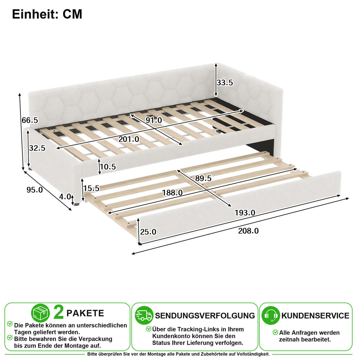 BETT 90/200 cm & 89,5/188 cm in Weiß mit Ausziehbett, USB, Type-C und Leselampe - Weiß, Holzwerkstoff/Textil (90/200cm) - CHICFURN