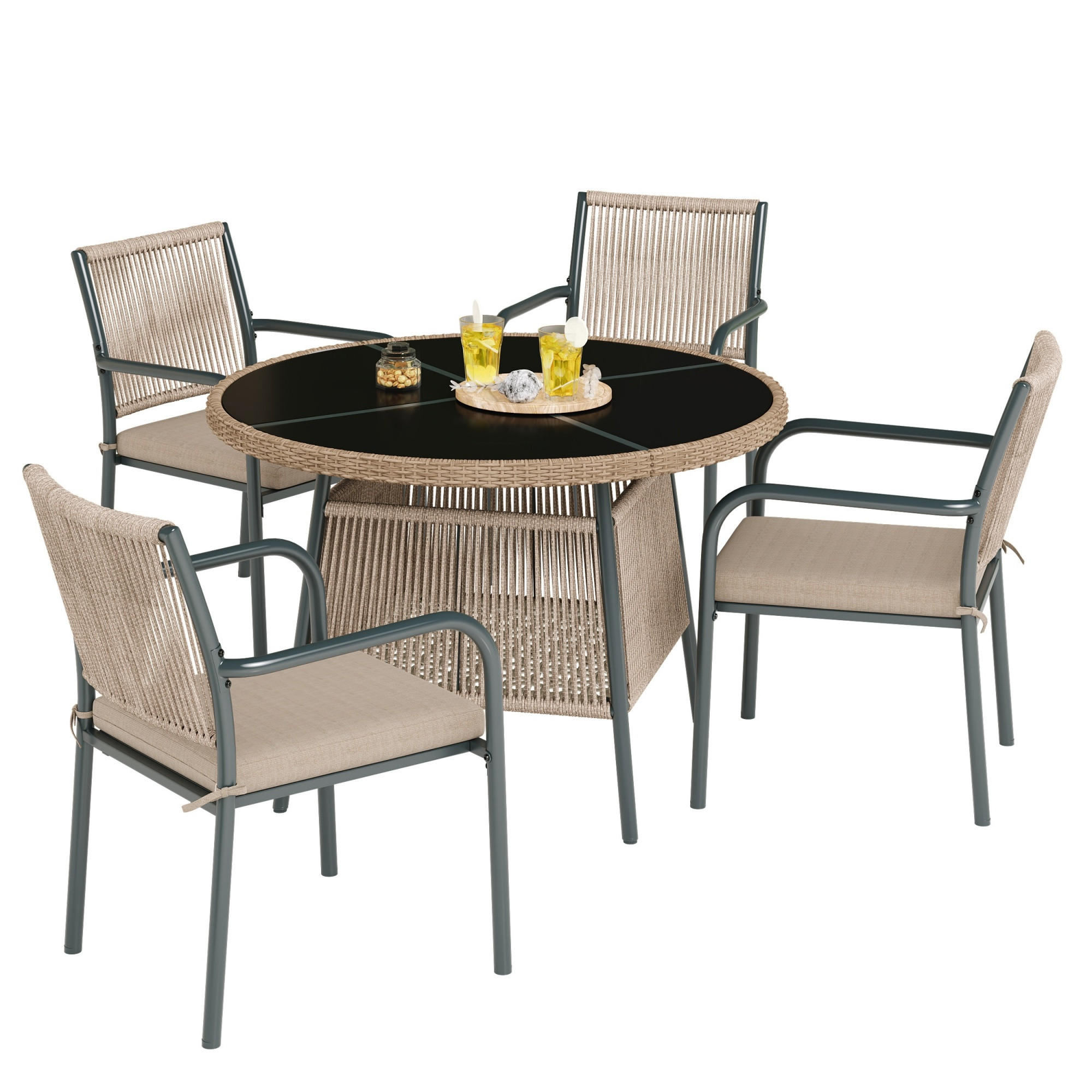 GARTENSET Rattan Tisch 4 Stühle Glas - Grau, Glas - LEBENLANG