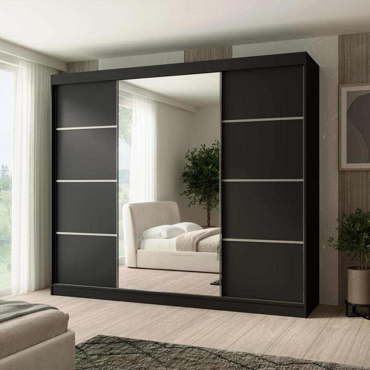 SCHWEBETÜRENSCHRANK Paco 250/215/61 3-türig schwarz mit Spiegel - Schwarz, Holzwerkstoff (250/215/61cm) - Beautysofa