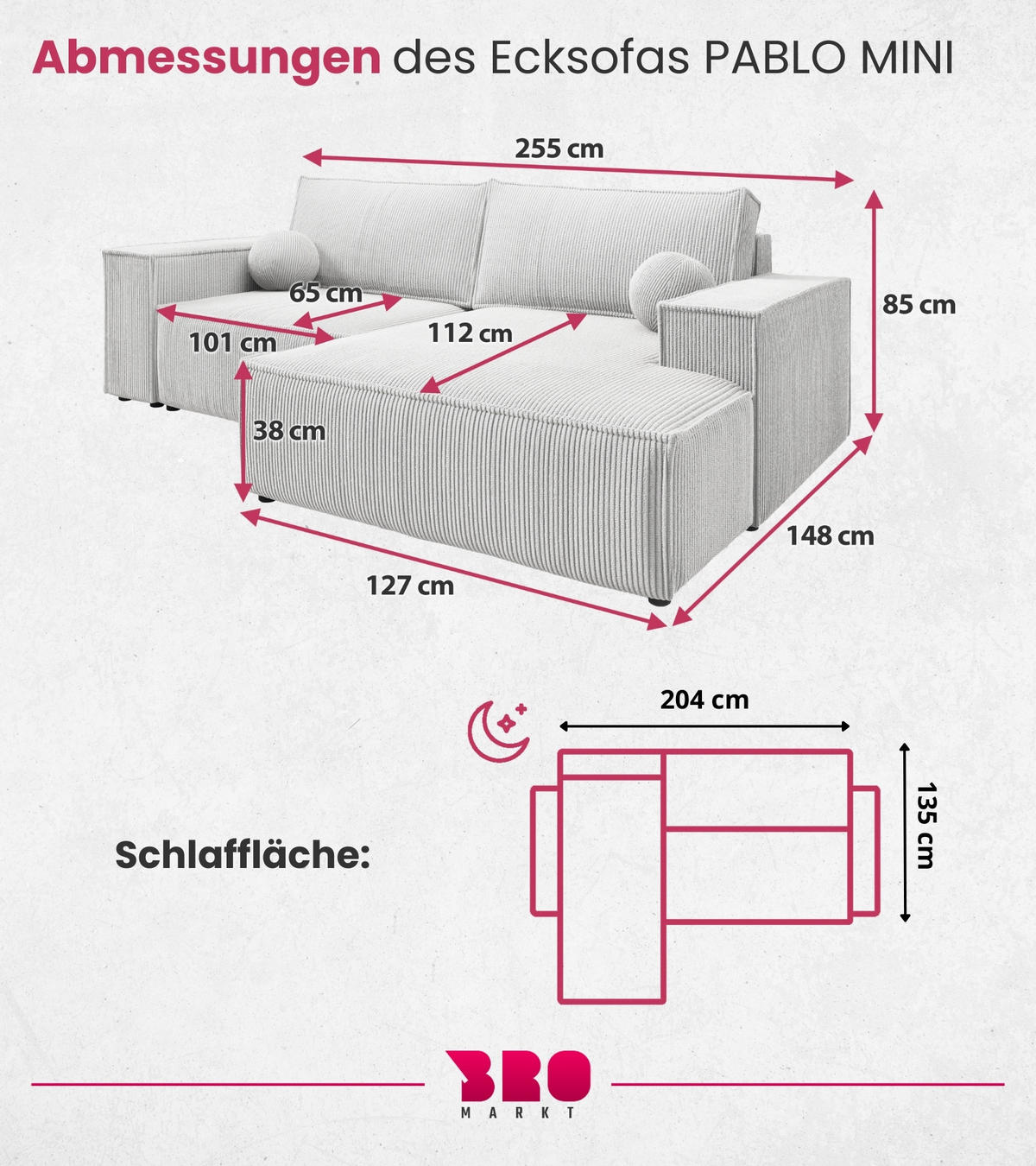 ECKSOFA Pablo Mini mit Schlaffunktion Himmelblau Cord - Blau, Textil (255/148cm) - Bromarkt