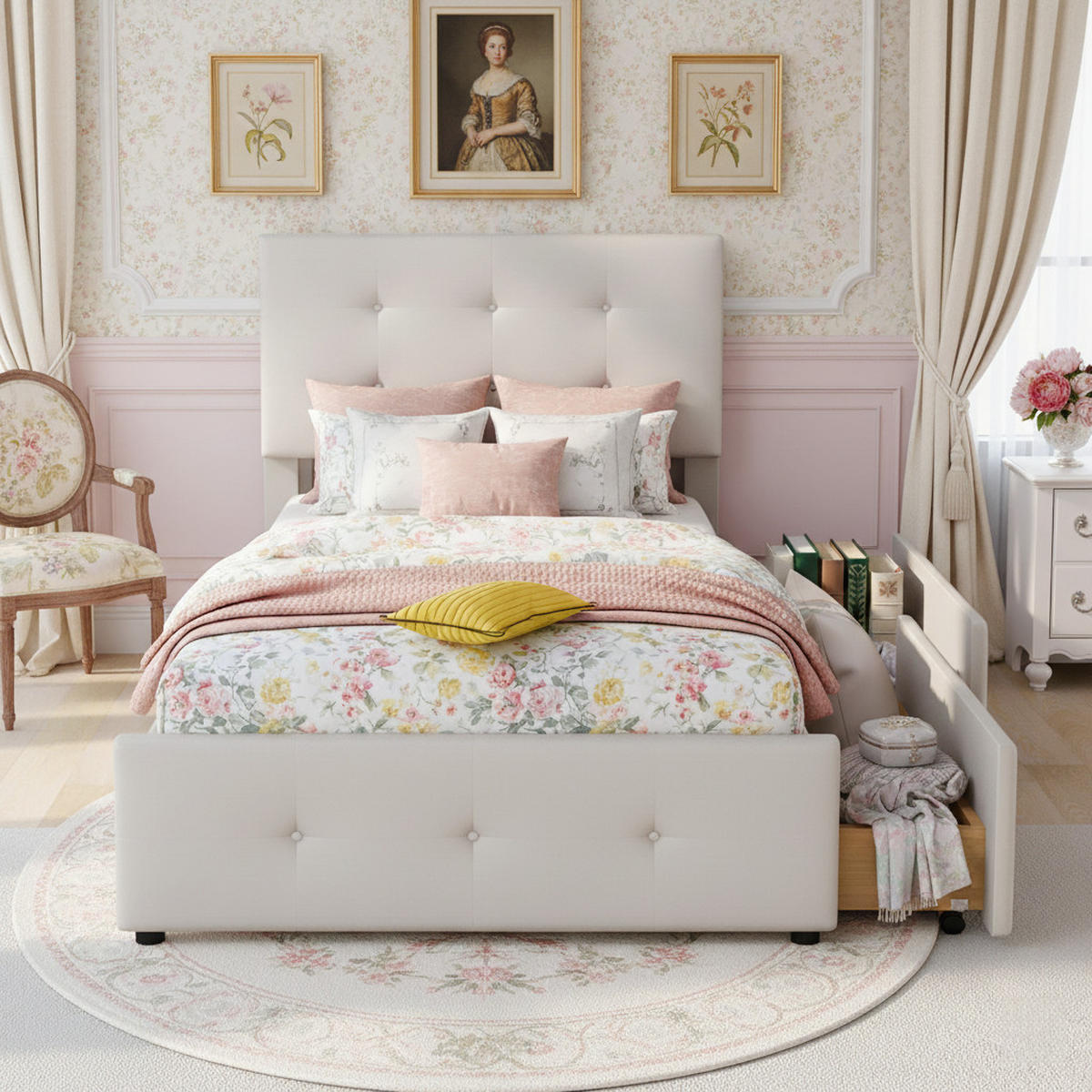 GEPOLSTERTES Polsterbett 90x200 cm, Mit 2 Schubladen, Weicher Samtstoff, Lattenrost, Kopfteil, Bett für enfant, Jugendbett, Gästebett - Beige - Beige, Holzwerkstoff (90/200cm) - Brevoria