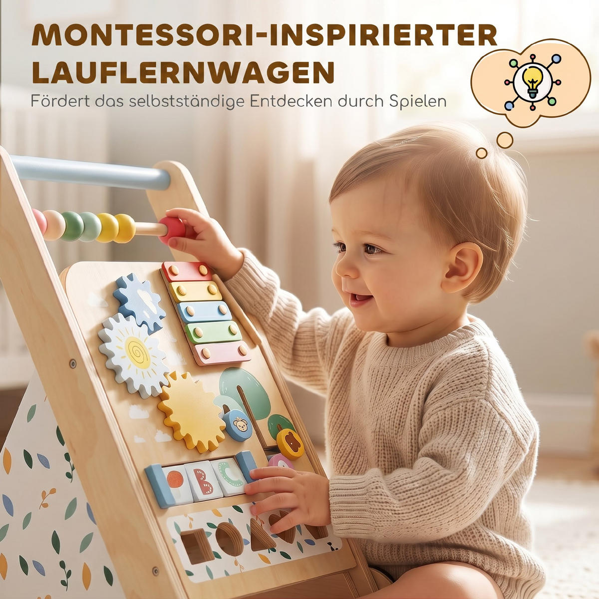 BABY-LAUFLERNWAGEN Mehrschichtplatte Kautschukholz Naturholz Weiß - Naturfarben, Holz (32.4/46/34.5cm) - AIYAPLAY