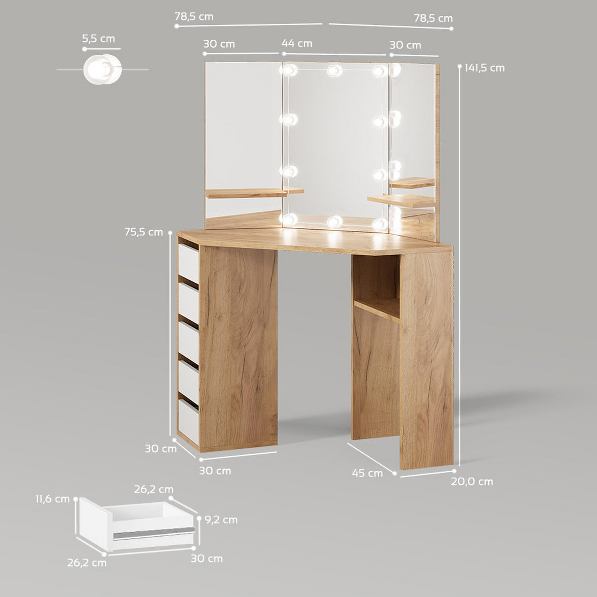 ECKSCHMINKTISCH Enna Goldkraft Eiche 110 cm mit LED Beleuchtung - Honigeiche, Holzwerkstoff (110/141.5/54cm) - Livinity®
