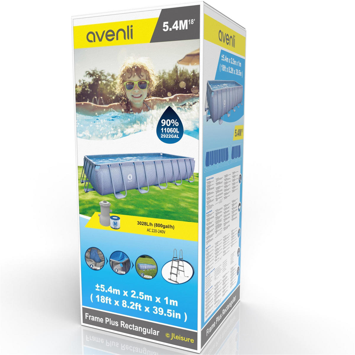 POOL Komplettset rechteckig 540 x 250 x 100 cm grau mit Filterpumpe und Leiter - Grau, Kunststoff/Metall (250/100/540cm) - Avenli