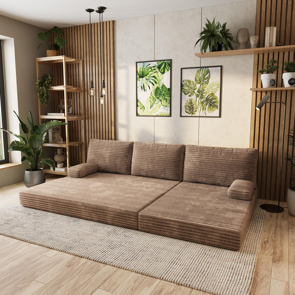 ECKSOFA ANKO modulares Boneless Sofa mit Schlaffunktion Beige Kordstoff - Beige, Textil (270/160cm) - MASSENO