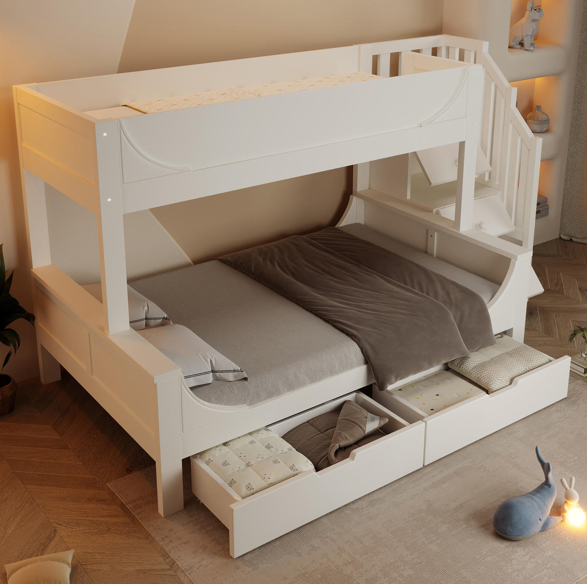 PATROVÁ postel 90/200 a 140/200 cm bílá z dřeva a kovu s úložným schodištěm a zásuvkami - bílá, kov (90/200cm) - OKWISH