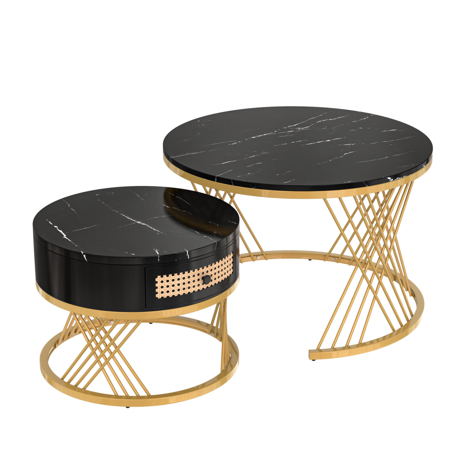 COUCHTISCH 2er Set Rattan Marmoroptik - Schwarz, Holz (70/70/45.5cm) - LEBENLANG