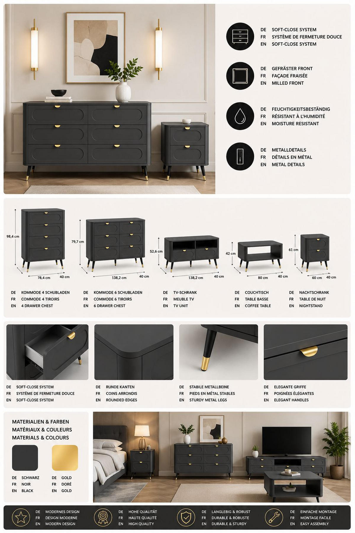 VITRINE mit 2 Schubladen, Schwarz, 78,4 x 40 x 192,4 cm - Schwarz, Holzwerkstoff (78.4/192.4/40cm) - 3XE LIVING
