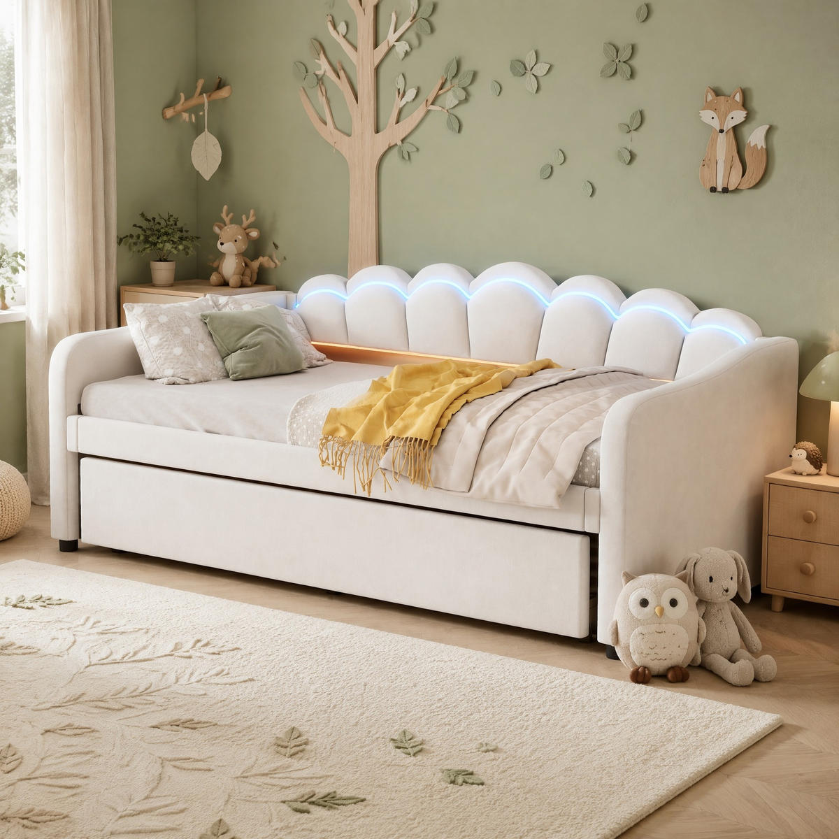 POLSTERBETT 90/200 mit ausziehbarem Rollbett, farbwechselndem LED-Licht, Samtbezug und MDF in Beige - Beige, Holzwerkstoff/Textil (90/200cm) - EVRYAE