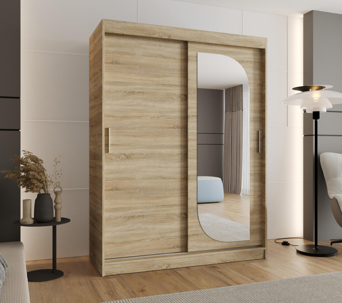 SCHWEBETÜRENSCHRANK 200/150/62 2-türig - Silberfarben/Sonoma Eiche, Holz (150/200/62cm) - MÖBEL KRYSPOL