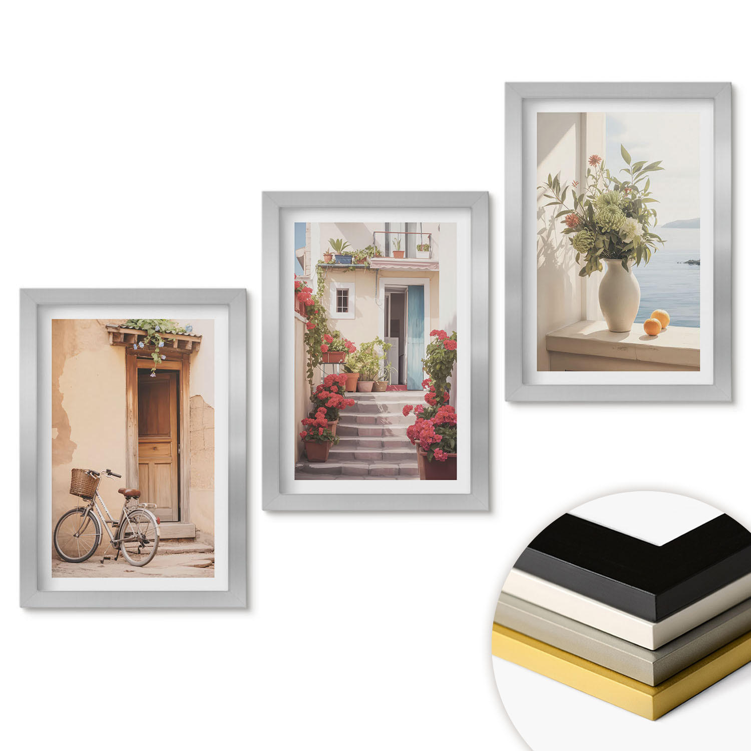 WANDBILDER 3er Set - 20x30 cm Silberner Rahmen - Charmante Küstenstraßen - Silberfarben, Kunststoff (20/30cm) - ArtPrintCave