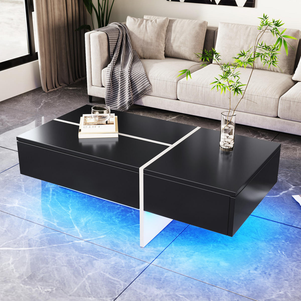COUCHTISCH 100x50cm Hochglanz Schwarz-Weiß Colorblock App-LED - Schwarz, Holz (72/54/23cm) - FLIEKS
