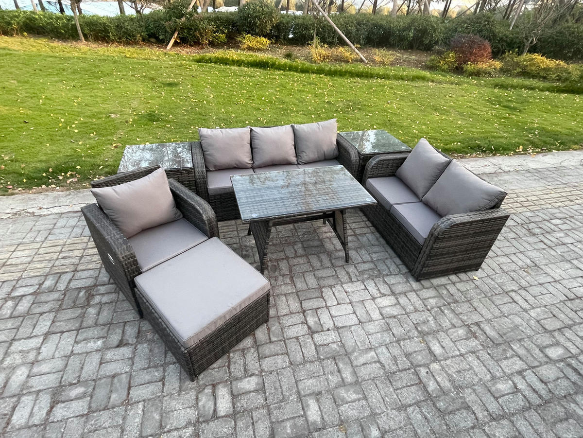 GARTENMÖBEL SET Polyrattan Dunkelgrau 7-Sitzer - Dunkelgrau/Grau, Glas/Kunststoff - Fimous