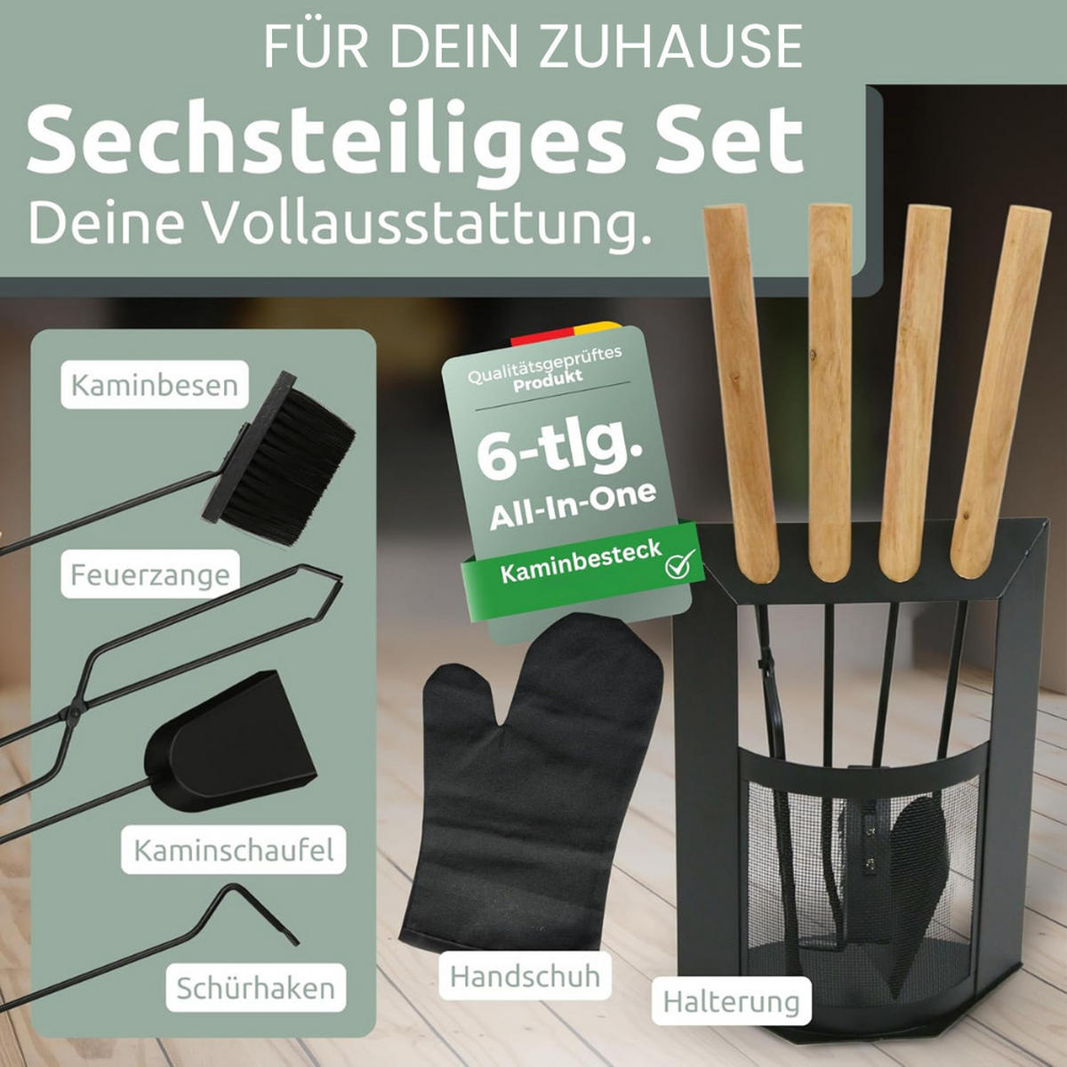 KAMINBESTECK modern THEO 6-tlg. mit Holzgriff Schürhaken Besen Ascheschaufel Schwarz - Schwarz, Metall (29/61/20cm) - DELUKE