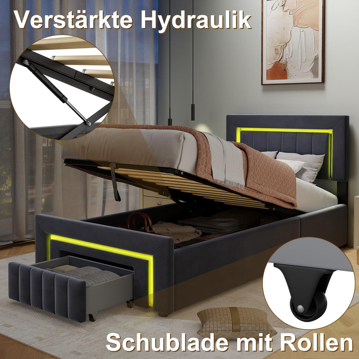POLSTERBETT aus Samt 90x200 cm Grau mit LED-Beleuchtung und hydraulischem Stauraum - Grau, Textil (90/200cm) - Modfu