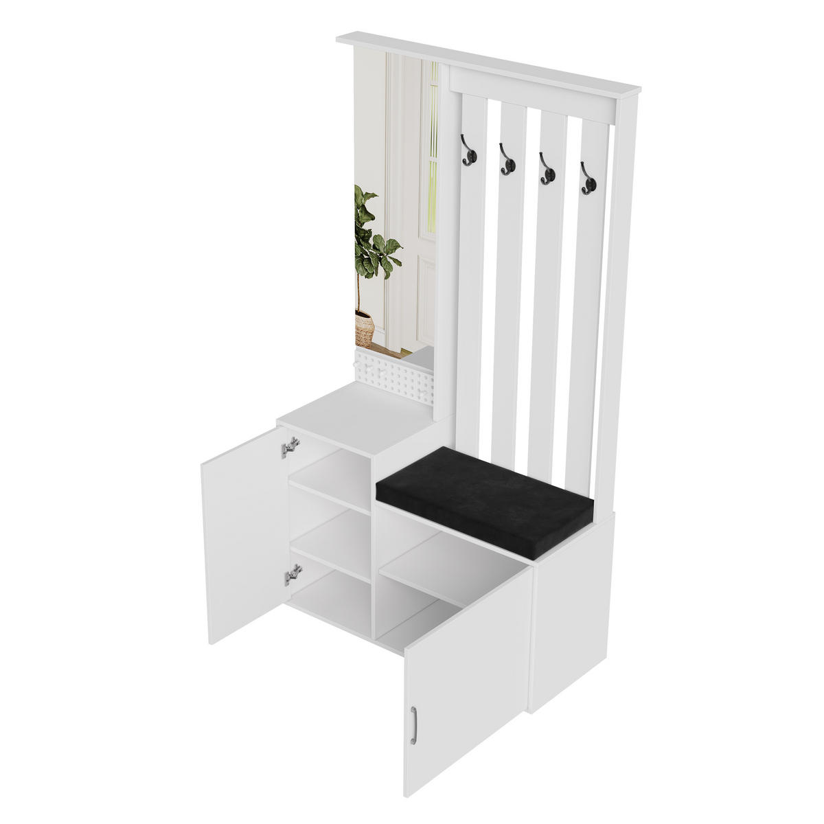 GARDEROBEN-SET WEISS mit Spiegel und Schuhbank, Schublade 100x40x180 cm - Weiß, Holz (100/180/40cm) - EuroLiving