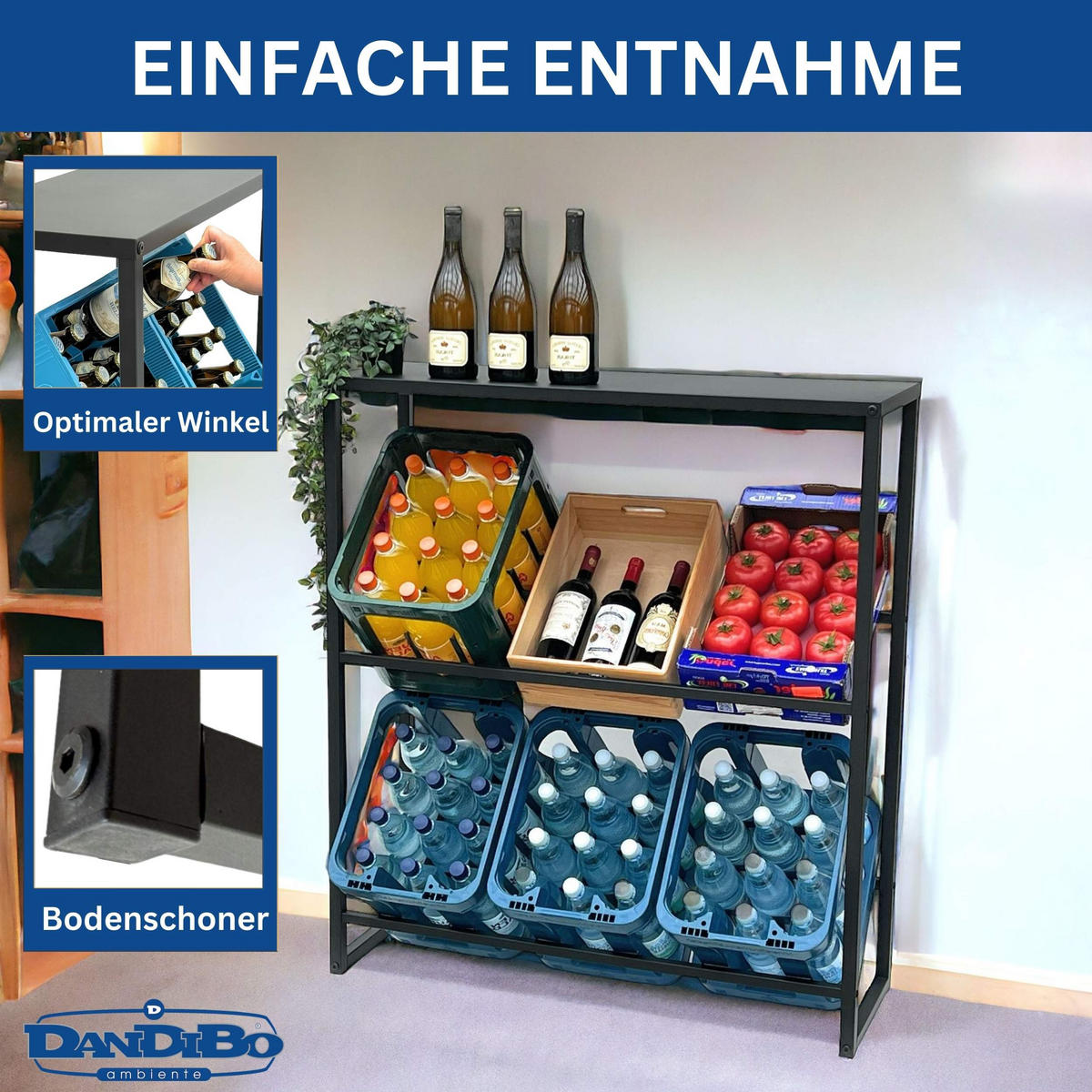 GETRÄNKEKISTENREGAL 6 Kisten mit Ablage Metall 100 cm - Schwarz, Metall (100/108/32cm) - DanDiBo