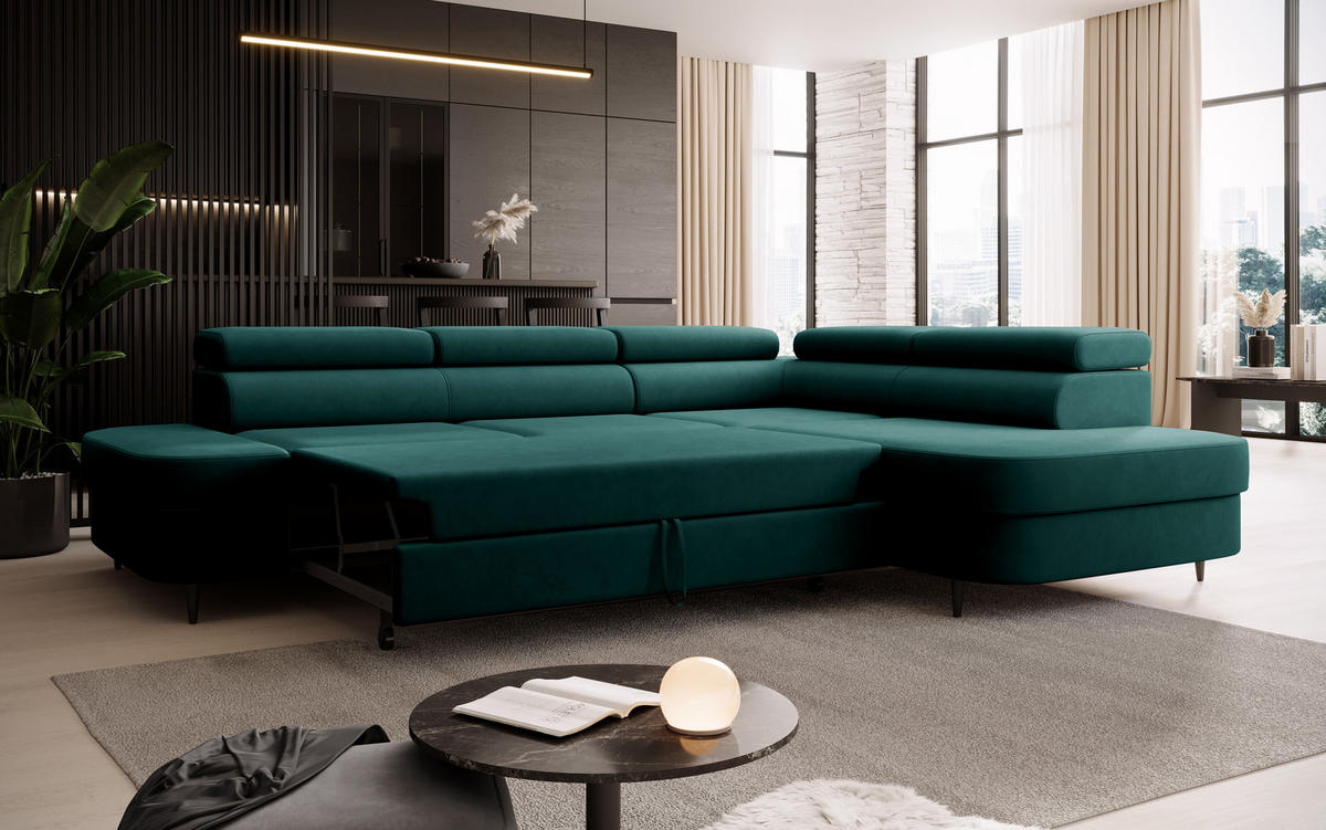 ECKSOFA Priam L-Form mit Schlaffunktion und Stauraum Modern Form Grün - Dunkelgrün, Holz/Textil (275/203cm) - Muffo