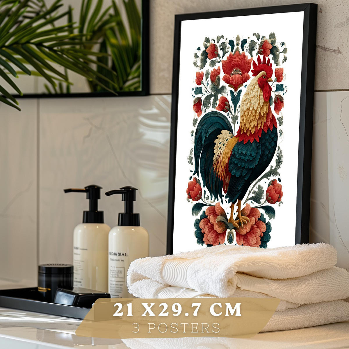 PLAKÁT Sada 3 lidovém stylu, dekorativní tisky zvířat a květinČerný rám A4 - černá, papír (29.7/21/3cm) - Nacnic
