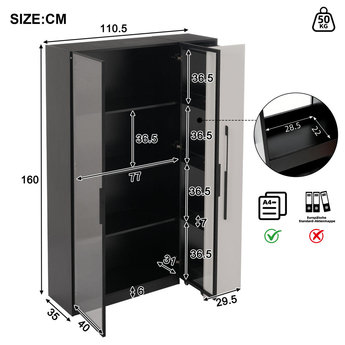 VITRINA 110,5/35/160 cm crna/bijela od MDF-a i stakla s LED rasvjetom i bočnim izvlačenjem - crna, drvni materijal (110.5/160/35cm) - OKWISH