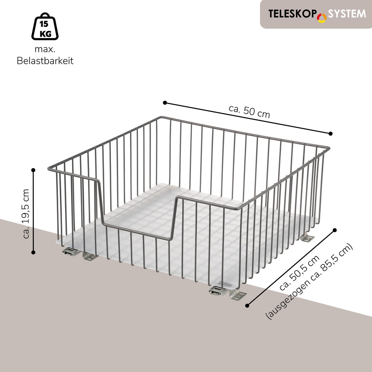 SCHRANK-KORBAUSZUG 50 cm mit Einlegeboden, grau - Grau, Metall (50/23/50.5cm) - bremermann