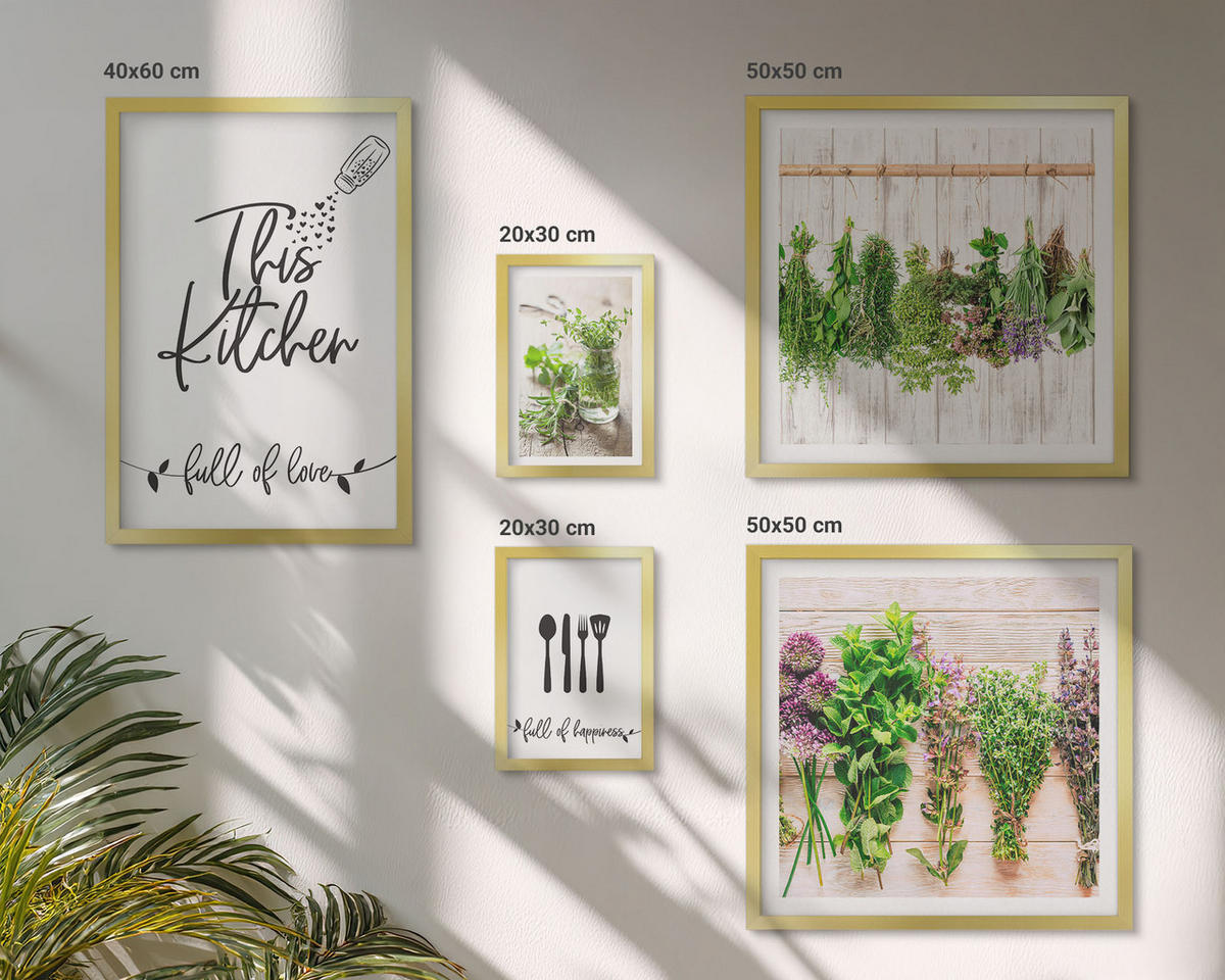BILDER SET 5er Set - 50x50 cm & 20x30 cm & 40x60 cm Goldrahmen - Küchenthema: Getrocknete Kräuter - Goldfarben, Kunststoff (40/60cm) - TULUP
