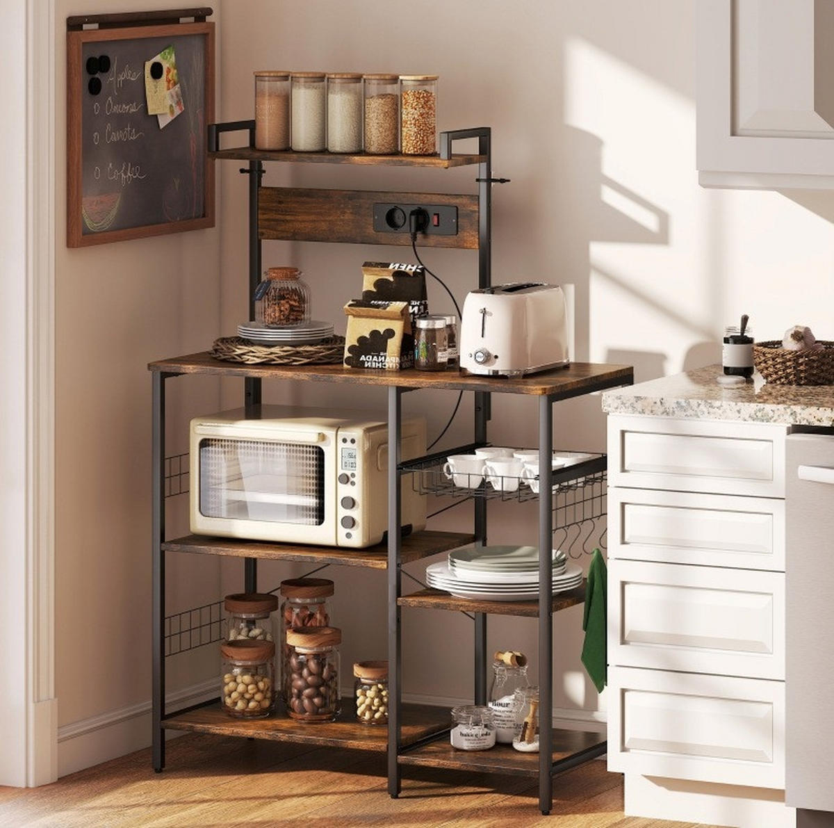 KÜCHENREGAL 90x42x130cm Braun mit verstellbarem Regal, Drahtkorb & Haken - Braun, Holz (90/130/42cm) - Modfu