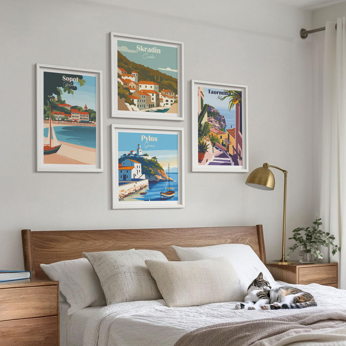 WANDBILDER 4er-Set - 50x50 cm & 40x60 cm Weißer Rahmen - Illustrationen von Küstenstädten - Weiß, Kunststoff (50/50cm) - ArtPrintCave