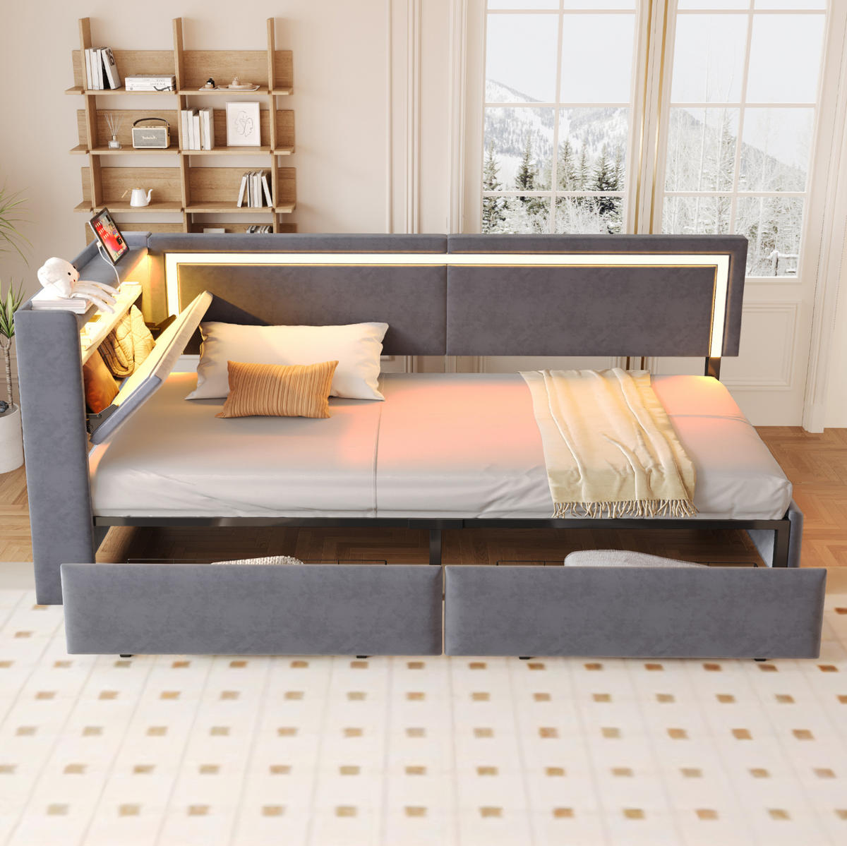 POLSTERBETT 90/200 cm aus Samt mit LED-Beleuchtung, USB-Anschlüssen und Stauraum - Dunkelgrau, Textil (90/200cm) - Flora Grace