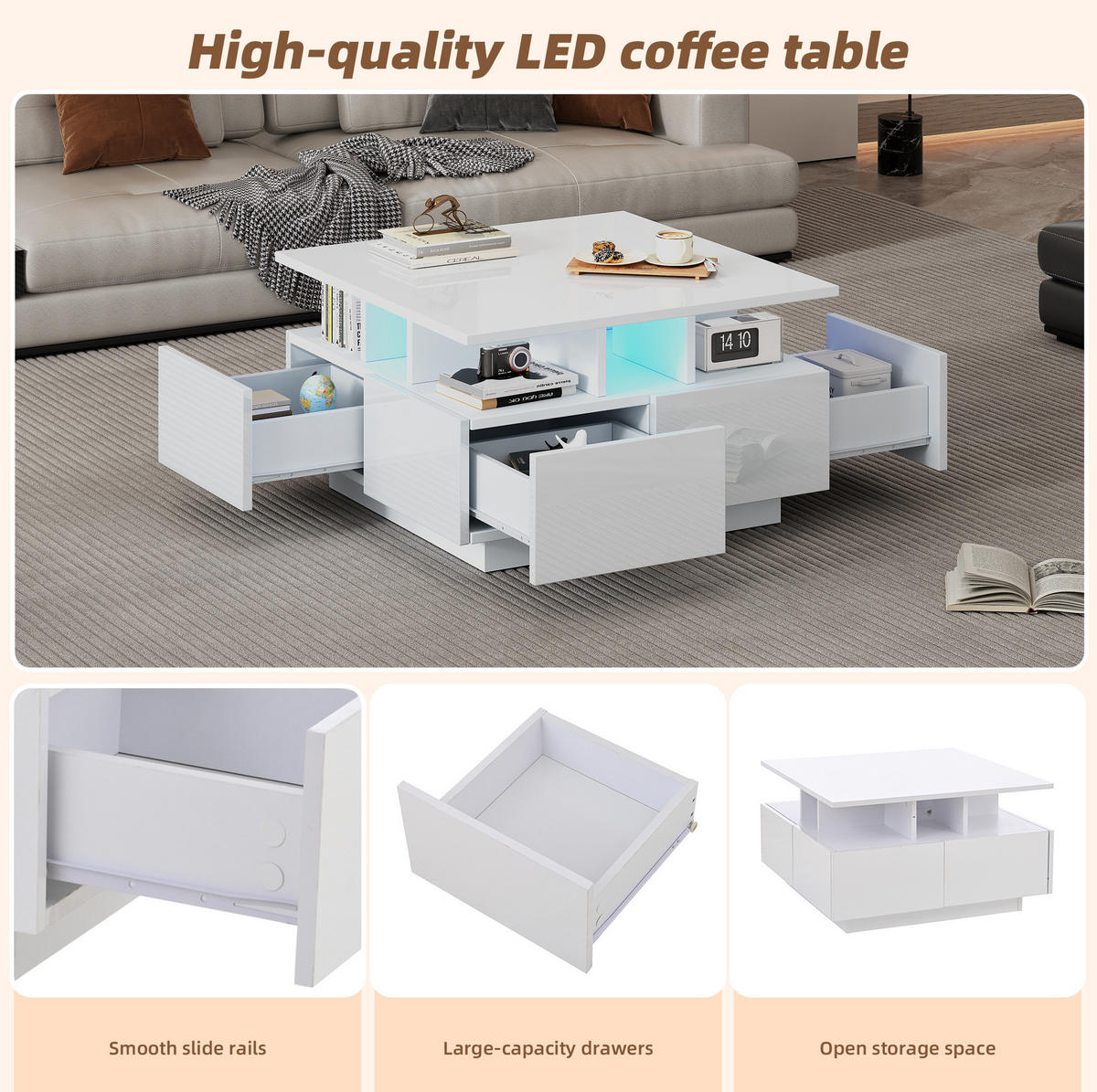 COUCHTISCH 70/70/40 cm weiß aus Spanplatte mit LED und 4 Schubladen - Weiß, Holzwerkstoff (70/70/40cm) - OKMYHOME
