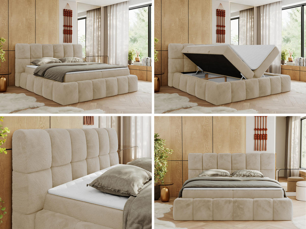 BOXBETT NIRA 200/200 - Creme Plüsch - H3 - Creme, Holz/Textil (200/200cm) - MKS