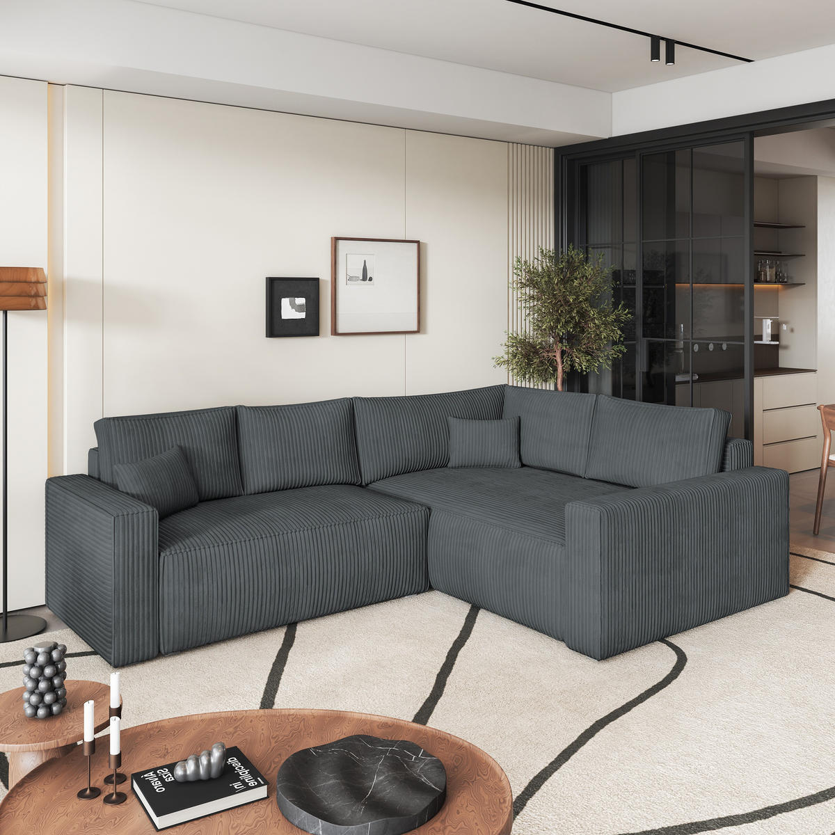 ECKSOFA ERONIS R-S Grau Kordstoff mit Schlaffunktion - Grau, Holz (265/194cm) - MASSENO
