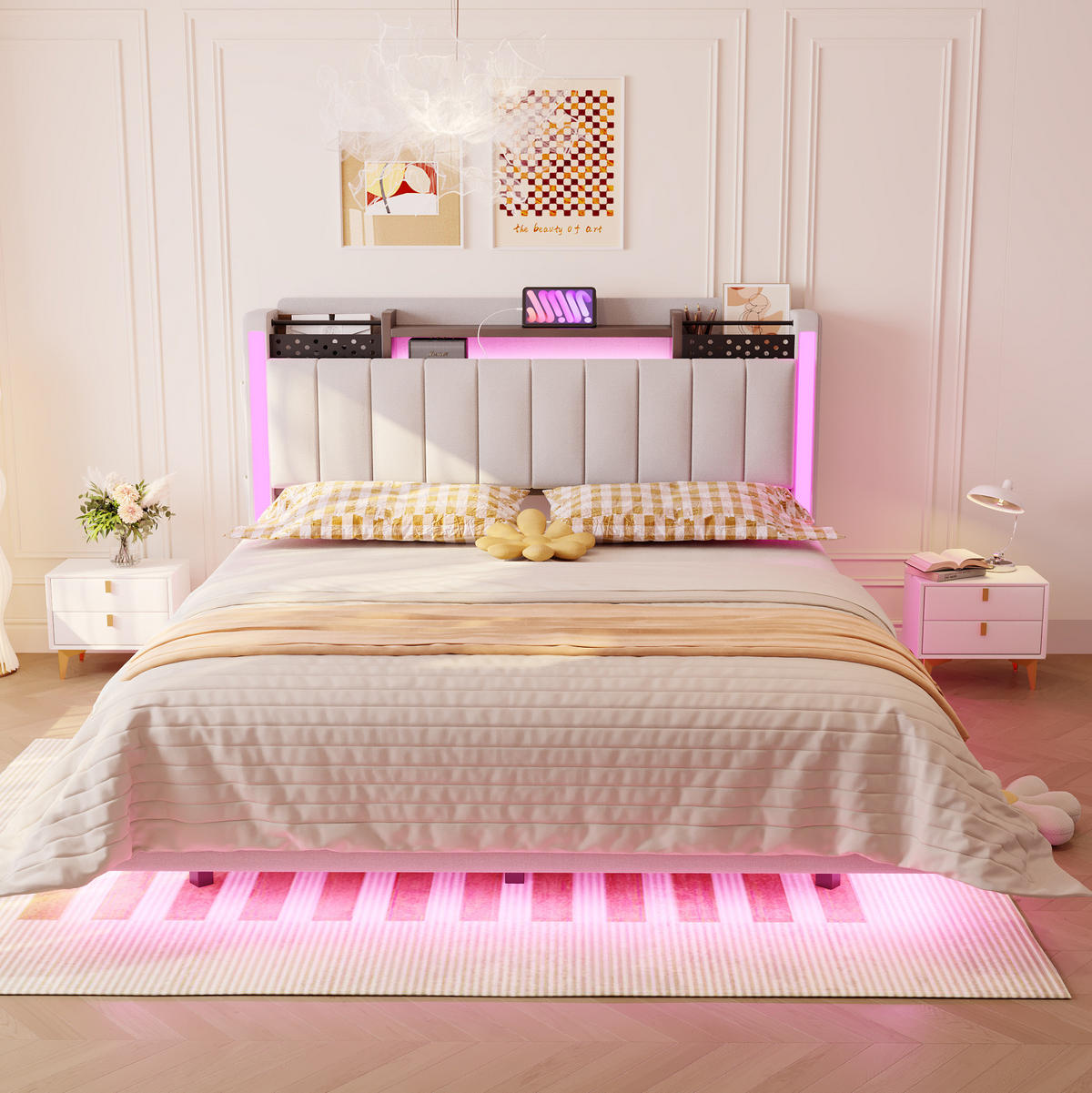 ČALÚNENÁ posteľ 140/200 cm s LED osvetlením, USB portom a úložným čelom, Béžová - béžová, textil (140/200cm) - Redom