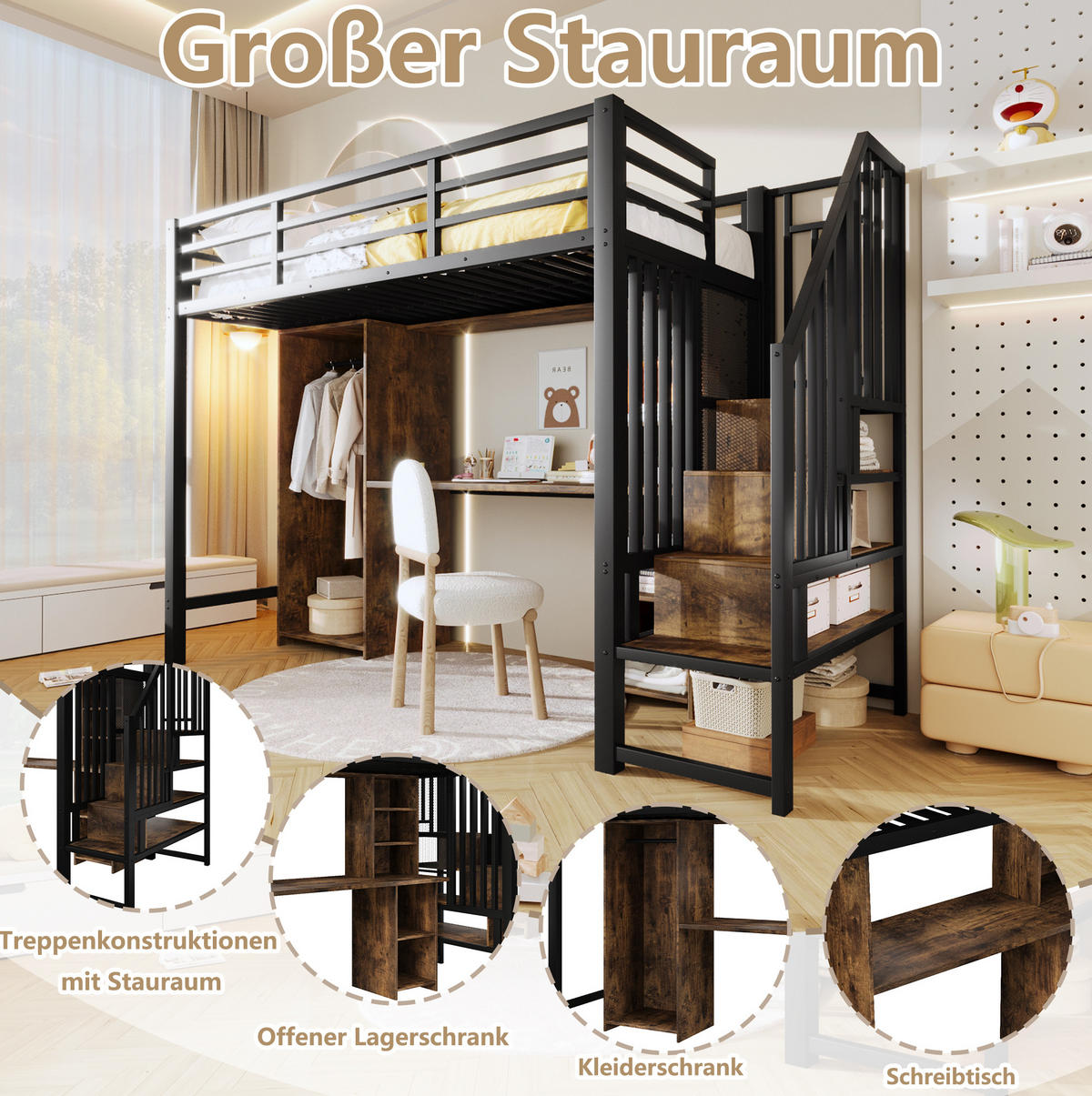 HOCHBETT 90/200 cm in Schwarz mit Kleiderschrank, Schreibtisch und Stauraum - Schwarz, Metall (90/200cm) - Flora Grace