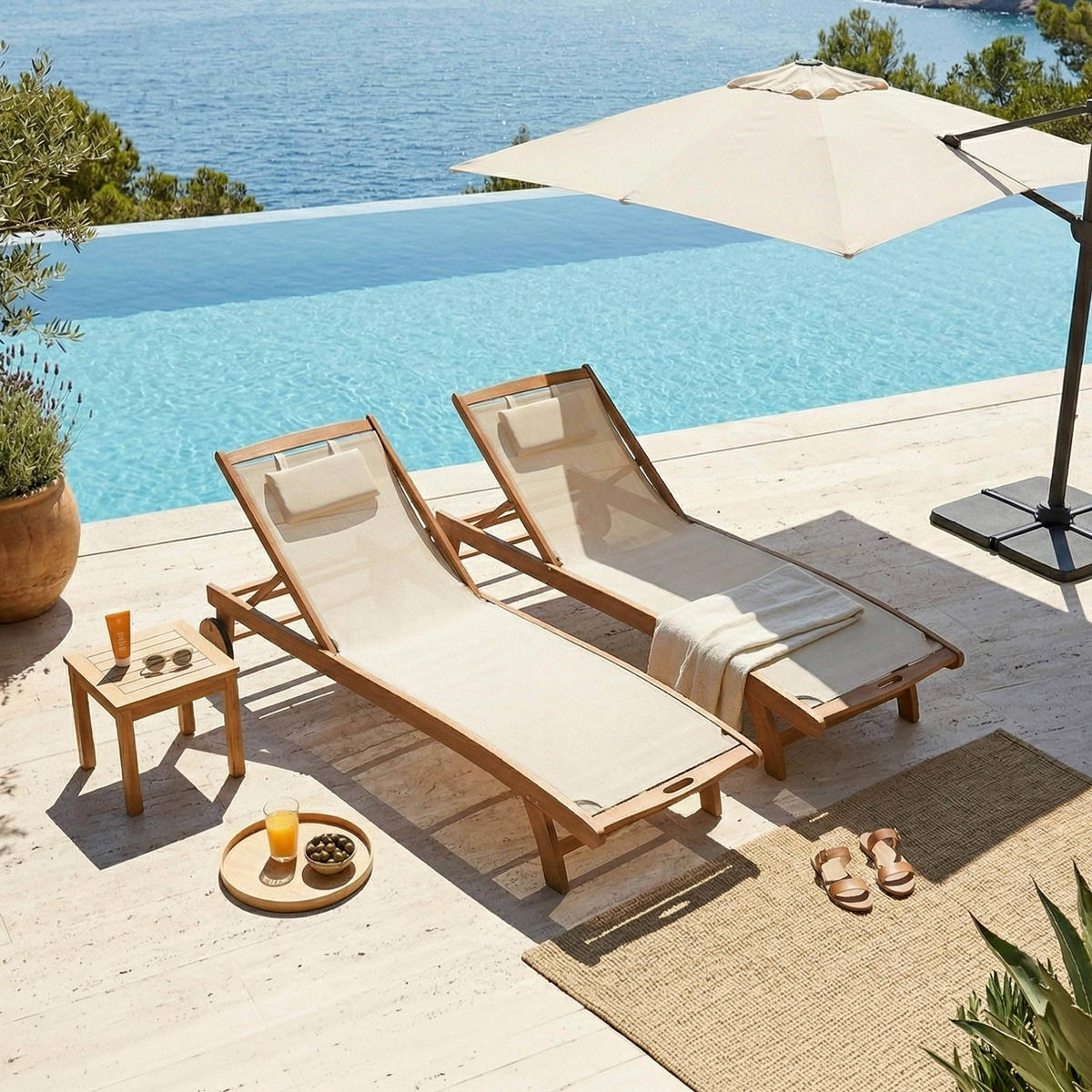 SONNENLIEGE 2-tlg., Weiß - Beige, Holz (196/37/69cm) - Oviala