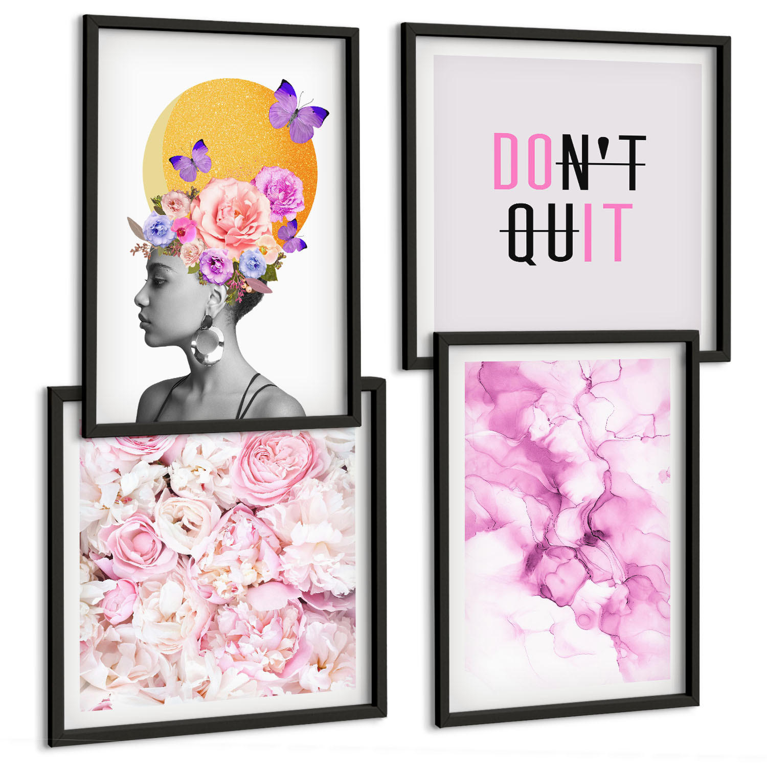 BILDER SET 4er Set - 50x50 cm & 40x60 cm Schwarzer Rahmen - Abstraktes Blumenporträt einer Frau - Schwarz, Kunststoff (50/50cm) - TULUP