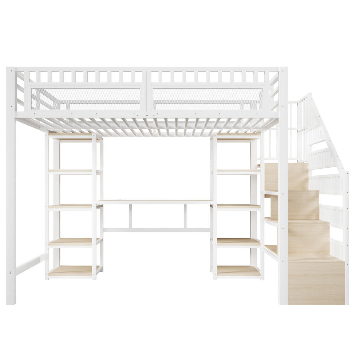 HOCHBETT aus Metall und MDF 140x200 cm Weiß mit Schreibtisch, LED-Lichtleiste, USB-Anschluss und Stauraumleiter - Weiß, Metall (140/200cm) - Modfu