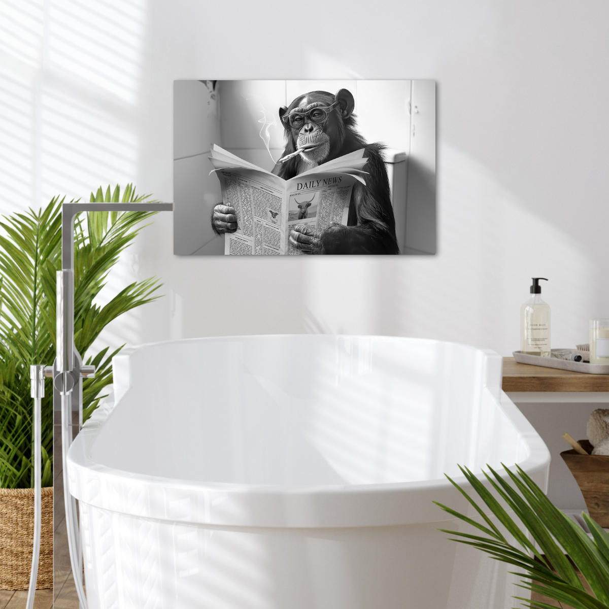 LEINWANDBILD Affe - WC - Zeitung - Schwarz-Weiß - Humor Gemälde 60x40 cm - Hellgrau, Textil (60/40cm) - MuchoWow
